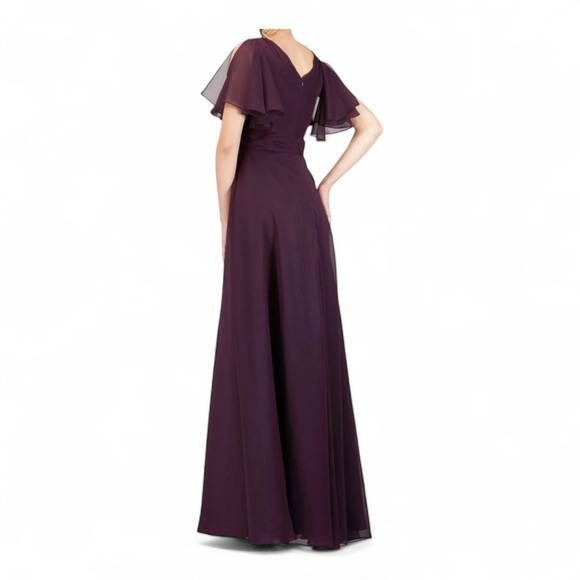 Abby Paris A-Line Sheer Chiffon V-Neck Drape Sleeves Formal Gown - Plum NWT - Picture 5 of 8